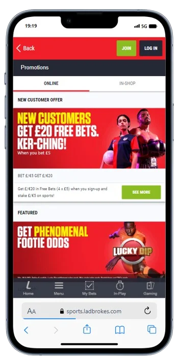 Bonus page at Ladbrokes Sports App