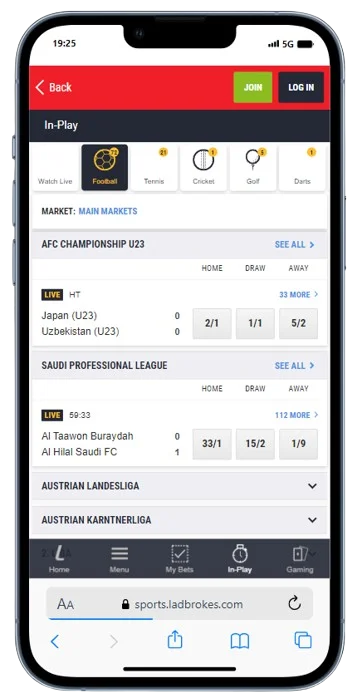 Live Betting Page at Ladbrokes Bet App